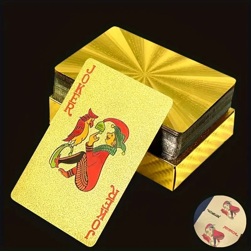 55pcs 황금 재생 엔터테인먼트 카드 금박 포커 세트 매직 카드 24K 골드 플라스틱 호일 포커 내구성 방수 카드