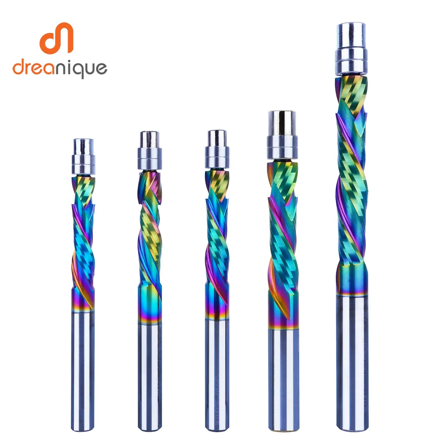 Dreanique 1pc DLC 코팅 솔리드 카바이드 베어링 가이드 밀링 커터 2 플루트 나선형 플러시 트림 8MM 생크 목공 엔드 밀