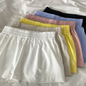 간단한 다목적 솔리드 컬러 캐주얼 바지 하이 웨이스트 와이드 레그 루즈 반바지 신축성있는 허리 여름 새로운 한국 스타일 여성 패션