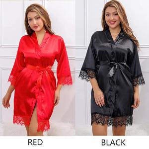 여성 얼음 실크 잠옷 가운 잠옷 잠옷 Nightdress 레드 블랙 L XL 레이스 부드럽고 부드럽고 편안한 캐주얼 퓨어 컬러