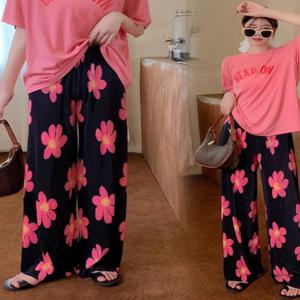 여름 새로운 녹색 꽃 프린트 Pleated 와이드 레그 바지 여성 캐주얼 아이스 실크 비치 휴가 비치 휴가 긴 바지