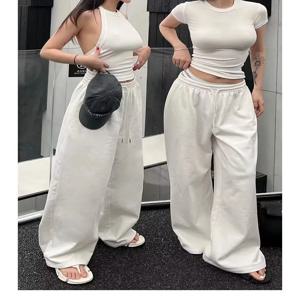 Y2K 와이드 레그 팬츠 여성 캐주얼 스포츠 트레이닝 복 오버 사이즈 조깅 와이드 레그 화이트 바지 조깅 힙합 스포츠 바지