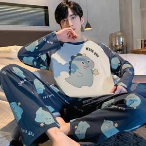 남성용 잠옷 세트 면화 긴팔 간단한 만화 공룡 잠옷 Homewear 학생 투피스 Nightwear Loungewear