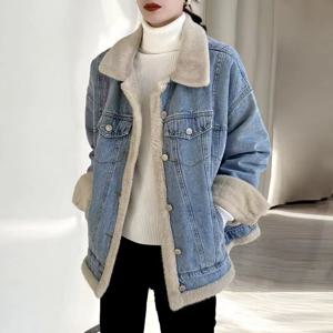 여성용 레트로 램스울 캐주얼 루즈 데님 재킷, 가을 및 겨울 플러스 벨벳 패딩, 레저 스쿨 극복, 새로운 패션