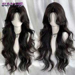 SUNYAGE 로리타 블랙 가발 여성용 긴 물결 모양의 머리카락 75cm 곱슬 가발 (Bangs 포함) 코스프레 머리띠 가발 매일 사용을위한 합성 가발