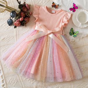 스팽글을위한 새 여자 드레스 생일 1-5Y 유아 소녀 레인보우 Tulle 드레스 여자를위한 달콤한 아이 공주 드레스 2025 여름 착용