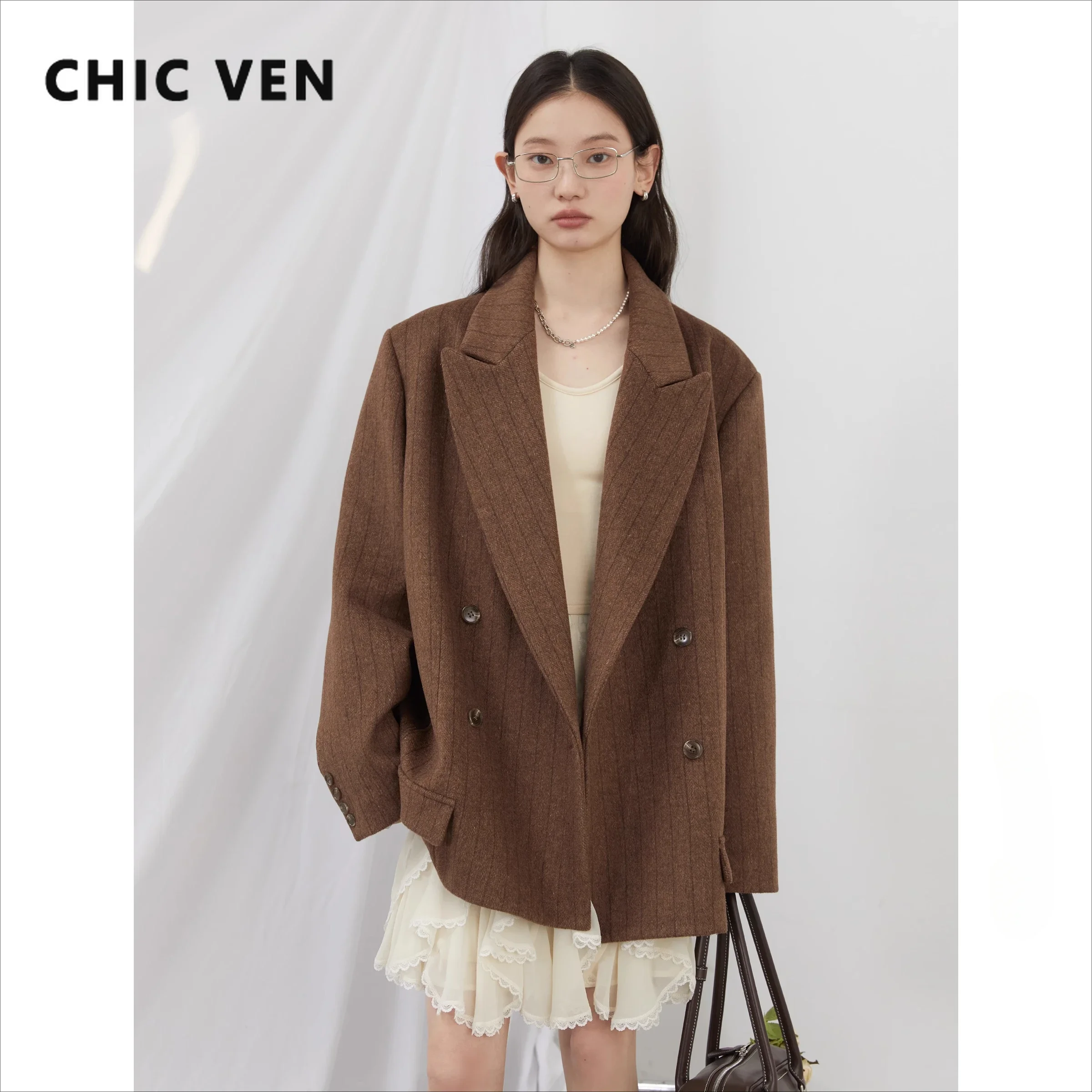 CHIC VEN 여성용 모직 블레이저, 루즈 빈티지 V넥 재킷, 세트 더블 브레스트 오피스 레이디 코트, 용수철 가을 2025