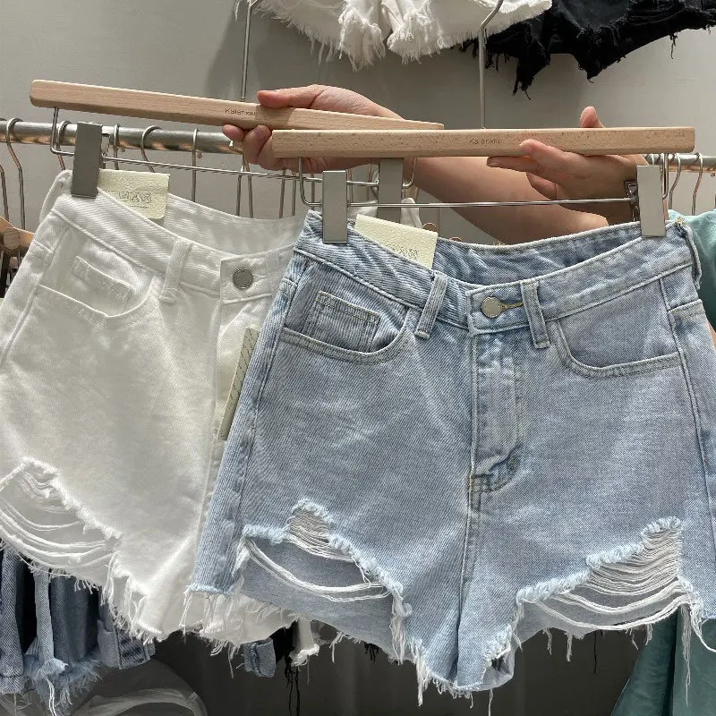 여성용 Wurry 데님 반바지, 온라인 레드, 새로운 루즈한 한국 버전, A라인, 여름용 홀 핫 팬츠