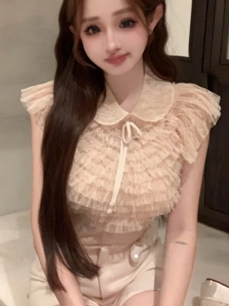 슬림 피트 여성 짧은 소매 쉬폰 셔츠 나비 매듭 턴 다운 칼라 여름 새 스타일 작은 플라잉 슬리브 블라우스 탑