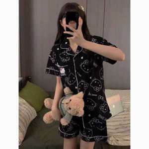 투피스 세트 헬로 키티 잠옷 여름 애니메이션 학생 실내복 귀여운 소녀 실내복 셔츠 반팔 반바지 세트