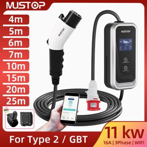 MUSTOP 11KW 휴대용 EV 충전기 Type2 GBT 3상 16A EVSE CEE 플러그 25피트 4m 5m 6m 7m 10m 15m 20m 자동차용 충전 스테이션 j1772