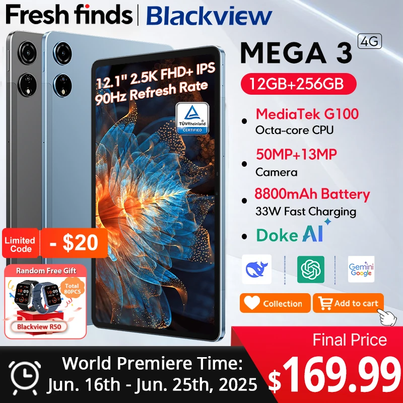 【세계 최초 공개】Blackview MEGA 3 태블릿 12.1인치 2.5K 90Hz 디스플레이 12GB 256GB 8800mAh 50MP 카메라 33W 고속 충전 안드로이드 15 패드