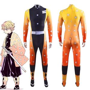 애니메이션 성인 Kimetsu No Yaiba 코스프레 의상 Agatsuma Zenitsu Zentai Fullbody Bodysuit Lycra 원피스 슈트
