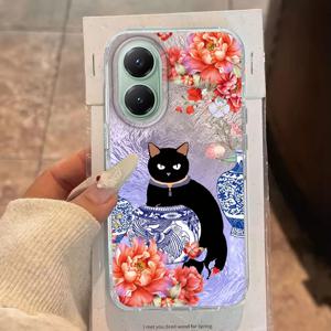샤오미 포코 X5 X7 M6 Pro X6 X3 NFC C75 C71 C65 C61용 검은 고양이 꽃 빙하 질감 휴대폰 케이스 (뒷면 실리콘 쉘 TPU 커버)
