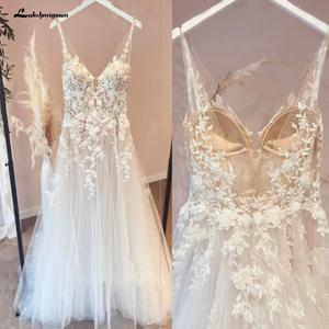 Lakshmigown Unlined Bodice FLowy A 라인 Tulle 웨딩 드레스 V 넥 신부 가운 비치 신부 가운 맞춤형 Robe de mariee