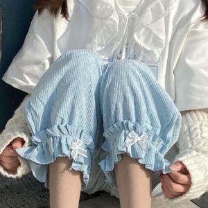 일본 로리타 여성 카와이 하이 웨스트 코듀로이 바지 스위트 보우 프릴 와이드 레그 스웨트 팬츠 여성용 의류 루즈 귀여운 바지