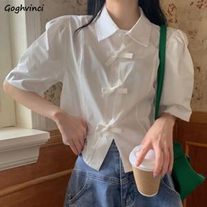 여성용 퍼프 소매 셔츠, 귀여운 여름 리본, 단색 한국 스타일 Y2k 크롭탑, 패션 인스 프레피 걸, 핫스위트 캐주얼