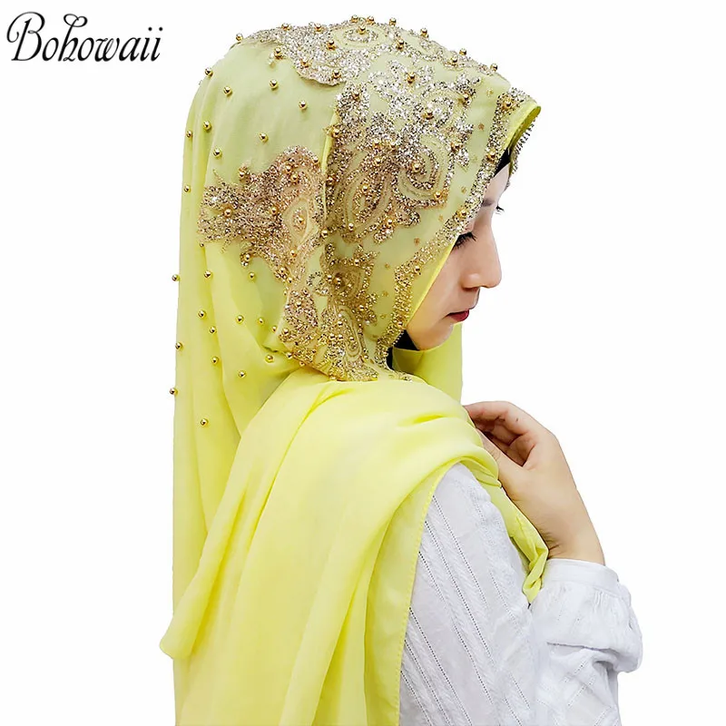 BOHOWAII 스팽글 다이아몬드 Panuelos Hijab 스카프 목도리 Abaya Headscarf Turbantes 손수건 긴 쉬폰 Kopftuch Femme Musulman