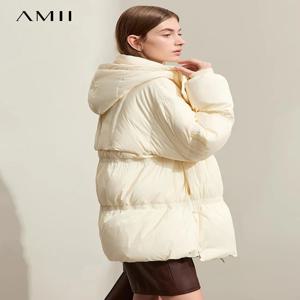 AMII 여성용 미니멀리스트 2023 다운 퍼퍼 코트, 두꺼운 퍼프 빵, 후드 하이 칼라, 레이디 롱 아우터, 겨울 신상 12324021