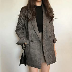 여성 겨울 격자 무늬 블레이저 코트 한국 패션 우아한 솔리드 두꺼운 자켓 여성 더블 브레스트 사무실 레이디 롱 오버 코트