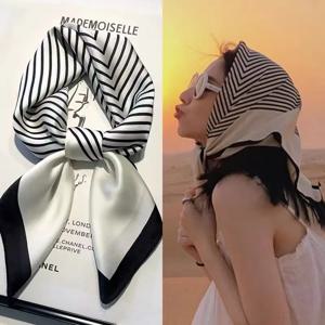 럭셔리 모조 실크 스카프 여성을위한 흑백 줄무늬 머리 랩 다기능 실크 느낌 Neckerchief