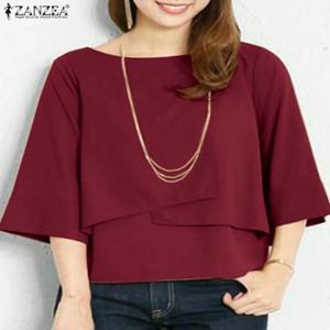 ZANZEA 여성 하프 슬리브 블라우스 2025 여름 더블 레이어 탑 셔츠 캐주얼 라운드 넥 튜닉 우아한 단순 솔리드 블라우스 Oversizd
