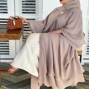 단색 넥타이 허리 겸손한 드레스, Hijab가 있는 우아한 레이어드 밑단 맥시 길이 드레스, 여성 의류