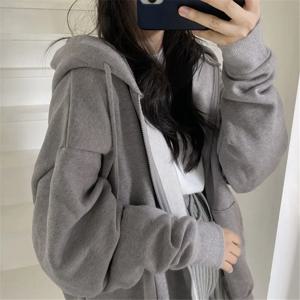 Lucyever 그레이 지퍼 업 까마귀 코트 여성 streetwear 하라주쿠 오버 사이즈 후드 자켓 여성 가을 ​​레트로 솔리드 컬러 스웨트