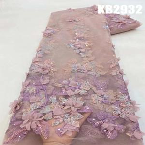 3D 꽃 자수 레이스 보라색 꽃 페르시 패브릭 레이스 웨딩 드레스 골드 프랑스어 레이스 스팽글 Tulle 레이스 바느질 KB2932