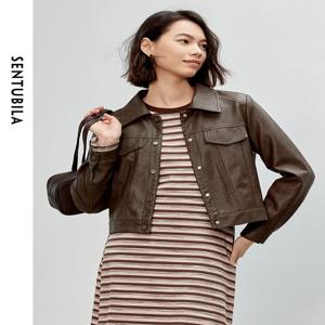 SENTUBILA 여성용 빈티지 인조 가죽 크롭 재킷, 캐쥬얼 턴 다운 칼라, 긴 소매 레트로 아우터, 2024 가을, W43G56294