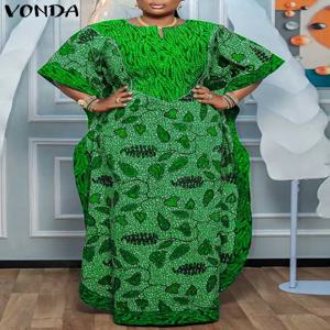 플러스 사이즈 5XL 여성 맥시 롱 드레스 2025 여름 짧은 소매 파티 Sundress VONDA 섹시한 프린트 바닥 길이 Vestidos Robe