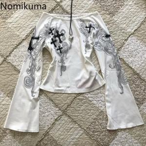 플레어 슬리브 프린트 여성 T 셔츠 슬래시 넥 화이트 티셔츠 기질 Camisetas 2025 Ropa Mujer 빈티지 섹시한 Y2k 티셔츠 탑스