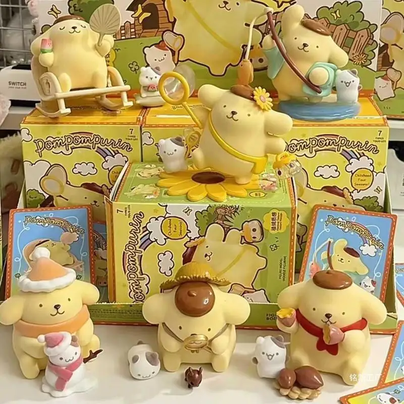 Sanrio 블라인드 박스 푸딩 개 어린 시절 시즌 시리즈 블라인드 박스 인형 차고 키트 사랑스러운 데스크탑 장식품 장식 아름다운 선물