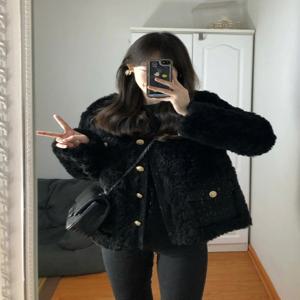 블랙 양 모피 자켓 여성 한국 스타일 겨울 코트 우아한 레이디 코튼 의류 두꺼운 긴 소매 스트레이트 컷