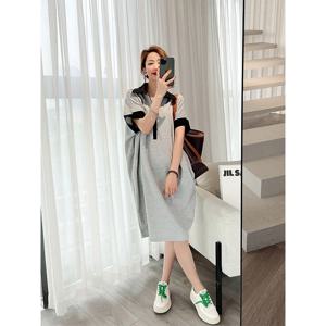 플러스 사이즈 여성 폴로넥 캐주얼 드레스 여름 신상 컬러 블록 미디 기장 한국 스타일 폴리에스터 섬유 루즈핏 원피스