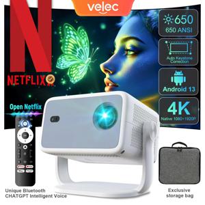 Velec 프로젝터 안드로이드 13 네이티브 1080P 650ANSI Amlogic T950D4 Wifi6 BT5.2 Netflix 인증 4K 휴대용 야외 프로젝터