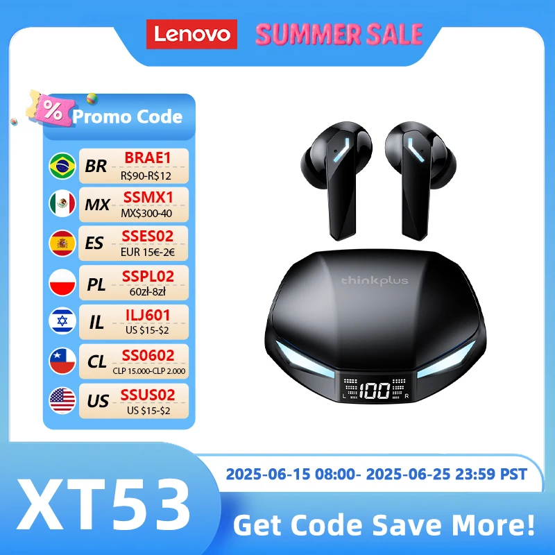 새로운 Lenovo XT53 무선 업그레이드 Bluetooth 5.4 이어폰 LED 디지털 디스플레이 방수 헤드폰 낮은 대기 시간 게임용 이어 버드