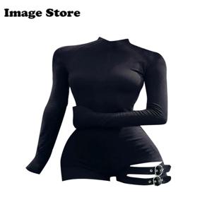 용수철 여성용 단색 바디수트 상의 코케트, 2000 년대 미학적 티셔츠, 긴팔 티, 일본 Y2k 사이버 펑크 갸루 점프수트