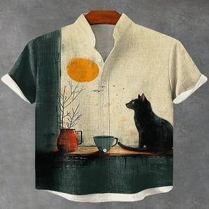 여름 남성 복고풍 만화 애니메이션 고양이 테마 반팔 셔츠 반팔 탑 패션 캐주얼 휴가 streetwear 남성 셔츠