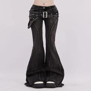 새로운 레트로 마이크로 플레어 여성 청바지 유행 streetwear 뜨거운 여자 스타일 벨트 브리스톨 디자인 슬림 스트레이트 바지