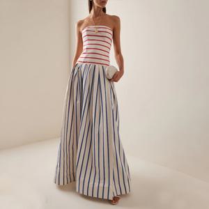 Flaxmaker 2025 Bandeau 스트라이프 프린트 슬링 맥시 드레스 여름 오프 숄더 파티 Vestidos Femme Holiday Dresses