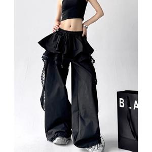 MEXZT Y2K 블랙 카고 바지 여성 streetwear 레이스 패치 워크 화이트 와이드 레그 팬츠 여름 갸루 하라주쿠 한국 헐렁한 바지 New