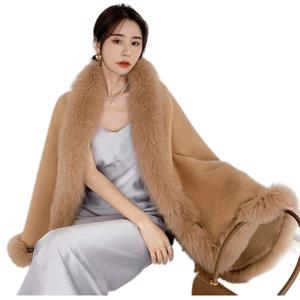 ZDFURS 여성용 양면 트위드 여우 모피 칼라, 중간 및 긴 양모, 모피 망토, 숄, 겨울 신상