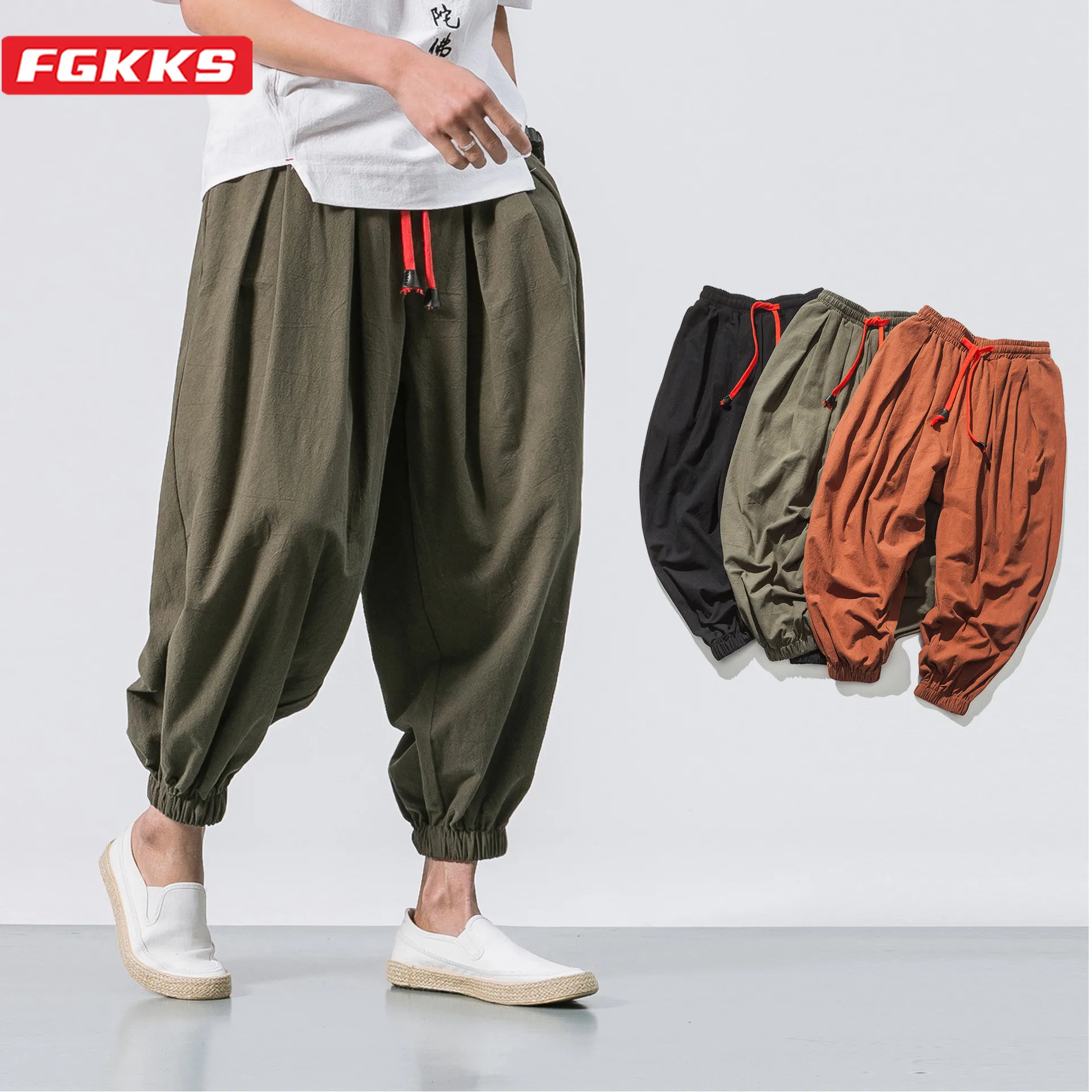 FGKKS 봄 남성 느슨한 하렘 바지 중국어 리넨 과체중 운동복 고품질 캐주얼 브랜드 특대 바지 남성