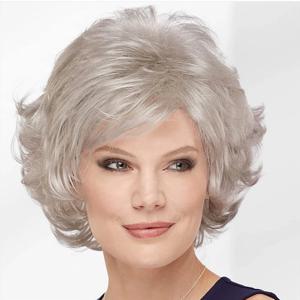 HAIRJOY ​​여성용 짧은 실버 그레이 가발 앞머리가 있는 합성 머리 가발 자연 곱슬 헤어스타일