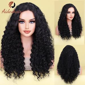 Aideshair 여성용 합성 가발 긴 곱슬 머리 가발 검은 머리 자연 불룩한 헤어 스타일리스트 가발 아프리카 옹 브르 접착제없는 고온