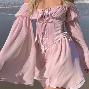 페어리 핑크 쉬폰 미니 드레스 세련된 여성 붕대 코르셋 빈티지 긴 퍼프 슬리브 Sundress 슬래시 넥 신부 들러리 Bodycon Beach