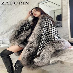 ZADORIN 가을 겨울 럭셔리 가짜 모피 코트 여성 우아한 Houndstooth 트위드 따뜻한 빅 판초 모피 목도리 케이프 여성 파티 겉옷