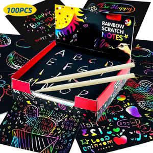 100PCS 레인보우 스크래치 미니 노트 종이 패드 카드 드로잉 스텐실 어린이 어린이 DIY 그리기 그림 교육 완구 선물