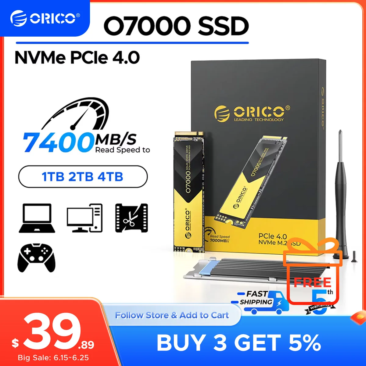 ORICO PCIe4.0 M.2 NVMe SSD PS5 게임용 7400MB/S 콘텐츠 제작자용 내부 솔리드 스테이트 드라이브 M 키 2280 SSD 1TB/2TB/4TB O7000